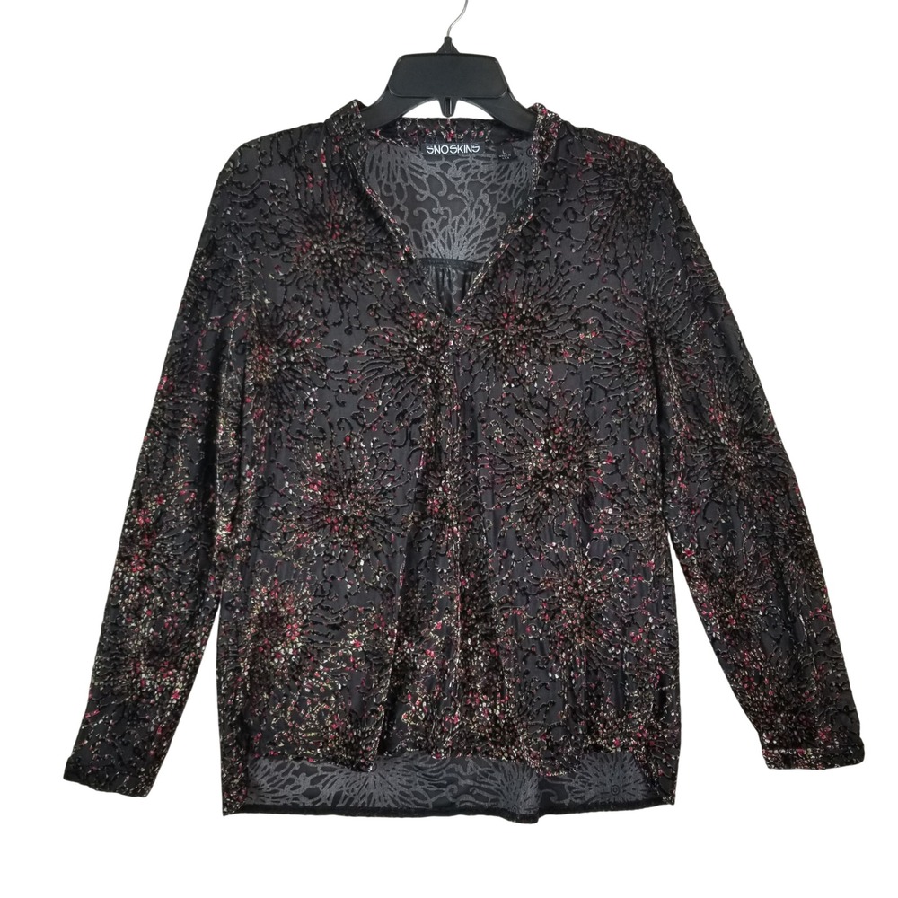Snoskins Womens Large Burnout Velvet Blouse Black Multi Color Floral V-Neck USA